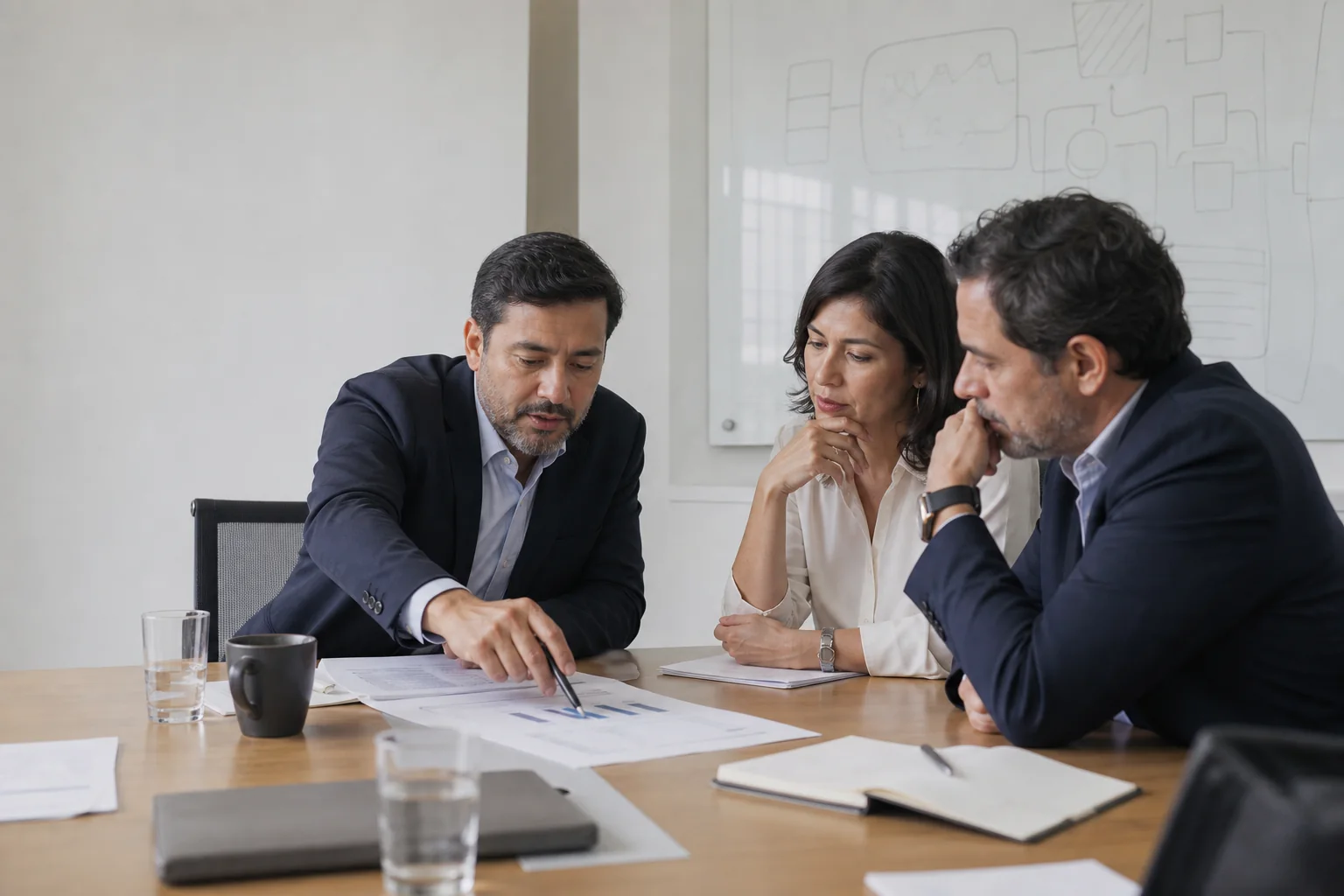 Tres profesionales revisan un análisis impreso durante una sesión ejecutiva de trabajo.